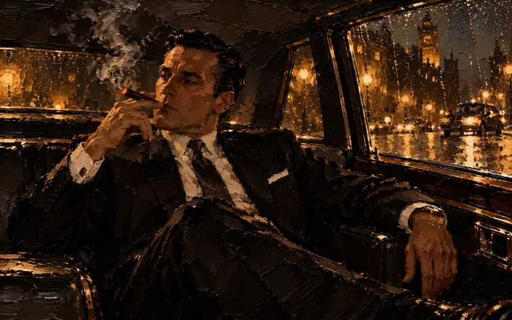 Back Seat: Westminster through wet glass, cigar lit.