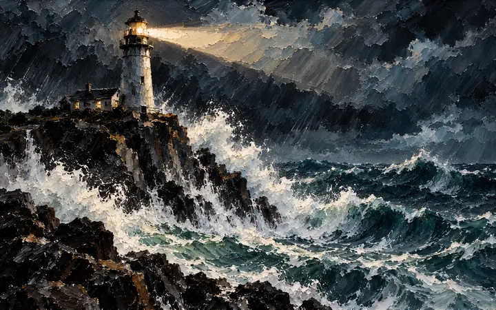 Lighthouse: Storm on the rocks, beam on the sea.