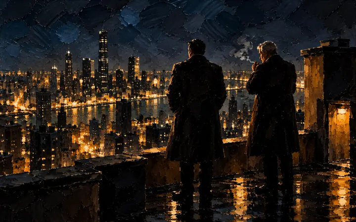 Rooftop, Midnight: Two coats, one city.